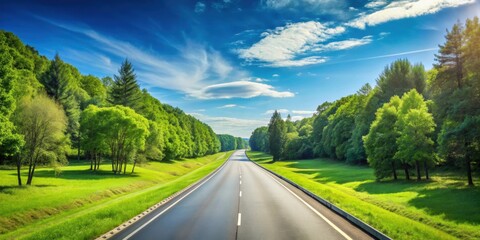 Fototapeta premium Empty highway cutting through a lush green park under a clear blue sky, highway, asphalt road, landscape