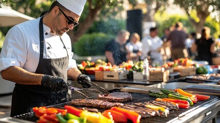 A chef grilling steaks and vegetables on an outdoor grill during a catered barbecue event, with guests mingling in the background.