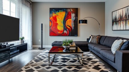 Modern living room featuring a vibrant abstract painting and stylish furniture.