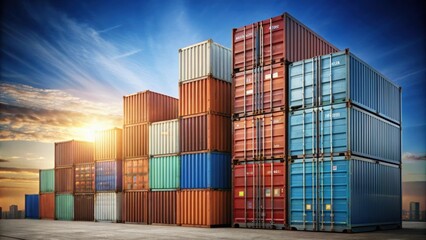 Fototapeta premium rendering of stacked cargo containers with 'GDP' cubes indicating economic growth, economic growth