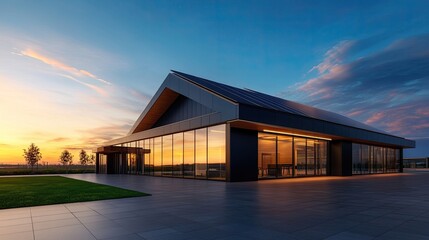 Obraz premium Modern architecture featuring a sleek house with large glass windows, nestled against a colorful sunset sky.
