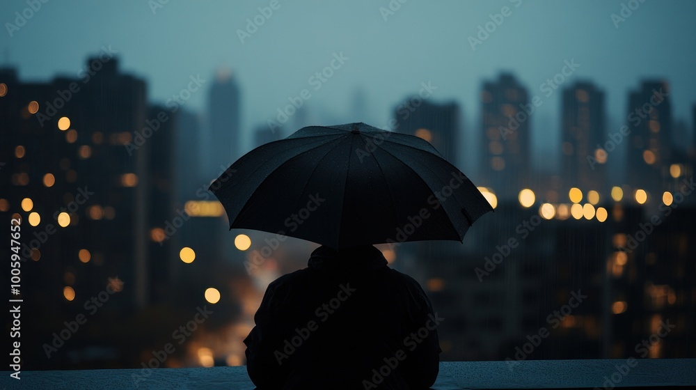 Wall mural A silhouette under an umbrella gazes at a rainy city skyline adorned with soft lights.