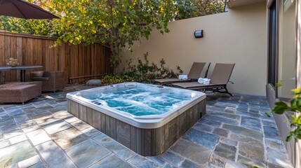 A relaxing outdoor space featuring a hot tub and lounge chairs surrounded by greenery.