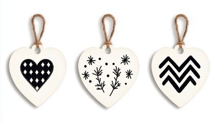 Decorative heart tags with unique patterns, isolated on white background.