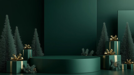 Emerald Green Round Podium with Gold, Stylish Round Table. Lights Xmas Trees Presents. Realistic 3D Studio for Product Promotion. Christmas  Platform for Flyer. New Year Sale Cylindrical Stage.