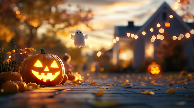 glowing jack o lantern and hanging ghost decoration create spooky yet festive atmosphere in front yard 