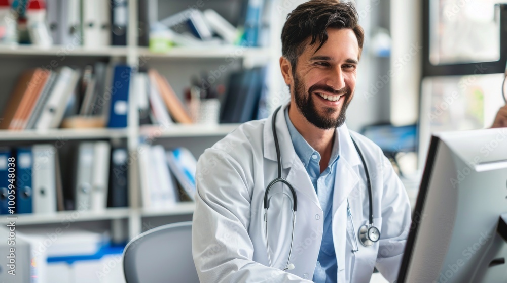 Poster A smiling doctor is sitting at a desk with a computer monitor in front of him