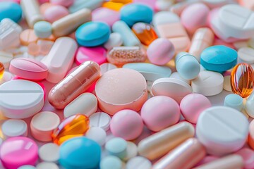 A scatter of medicine pills and capsules, showcasing the extensive variety of healthcare treatments. , background blur