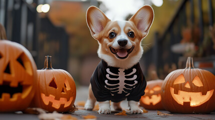 cute corgi dog dressed in skeleton costume is surrounded by carved pumpkins with glowing faces