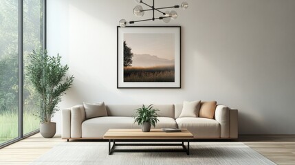 A modern living room featuring a sofa, coffee table, and artwork with natural light.