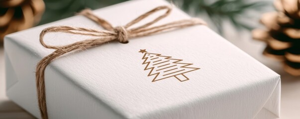 Festive gift box with tree design, tied with twine, surrounded by pinecones.