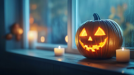 Fototapeta premium glowing jack o lantern with carved smiling face sits on windowsill, surrounded by lit candles