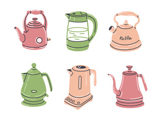Electric kettle set. Household appliance, electric kitchenware equipment, modern and vintage teapots for boiling water. Hand drawn isolated vector illustrations.