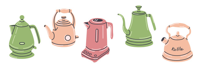 Electric kettle set. Vintage and retro style teapot. Kitchenware and tableware bunch. Hand drawn isolated vector illustrations.