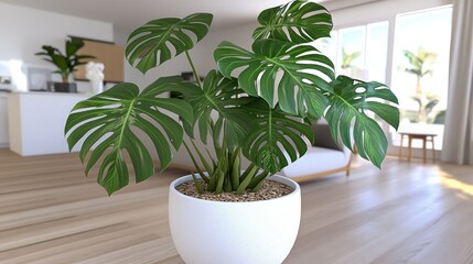 A vibrant monstera plant in a modern indoor setting, enhancing the room's aesthetics.