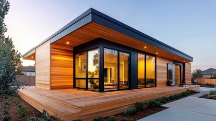 Modern wooden house with large windows and a spacious deck, showcasing contemporary architecture and outdoor living.