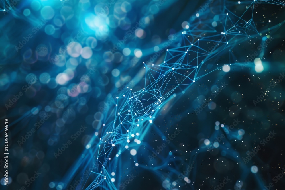 Poster exploring abstract connections in a vibrant digital landscape filled with glowing lines and luminous