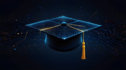 Power to determine your destiny via education is depicted in this abstract digital artwork of an open graduation cap comprised of luminous lines and dots that is floating above a network grid on a dar