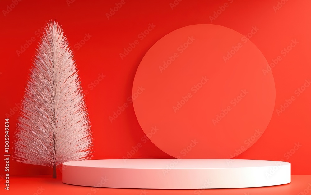 Poster minimalist scene with a white circular platform and a decorative tree on a red background.