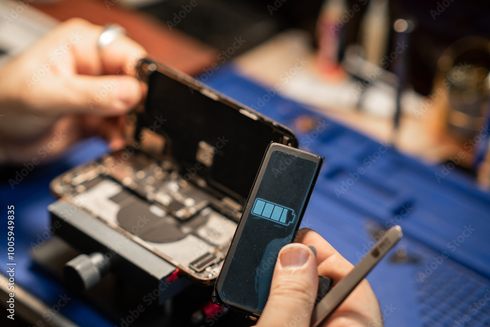 Poster expert technician repairing a smartphone battery in a well-equipped workshop with precision tools du