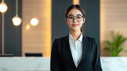 Professional woman in glasses standing confidently in an office environment with modern decor, conveying a sense of leadership and success.