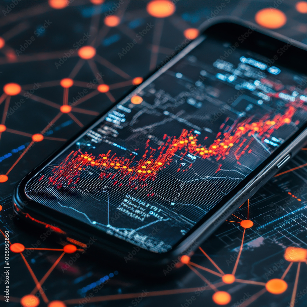 Poster smartphone displaying a stock market chart with data analysis overlay
