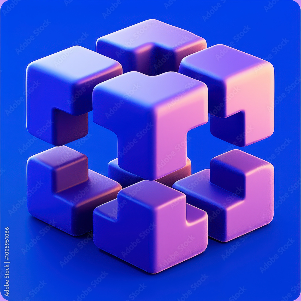 Poster abstract geometric cube pattern with a blue and purple color scheme