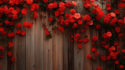 A vibrant display of red roses cascading over a wooden fence, creating a serene atmosphere.