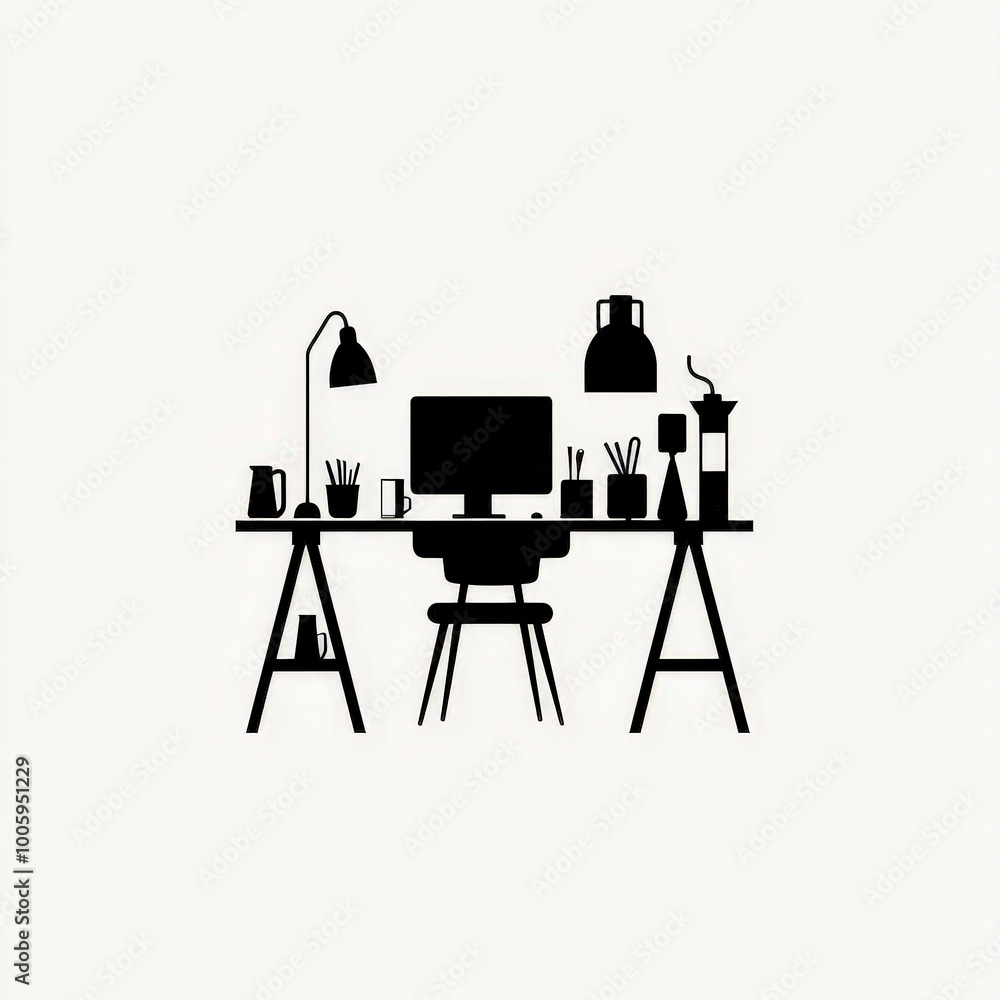 Poster minimalistic workspace setup with desk, lamp, and computer silhouette