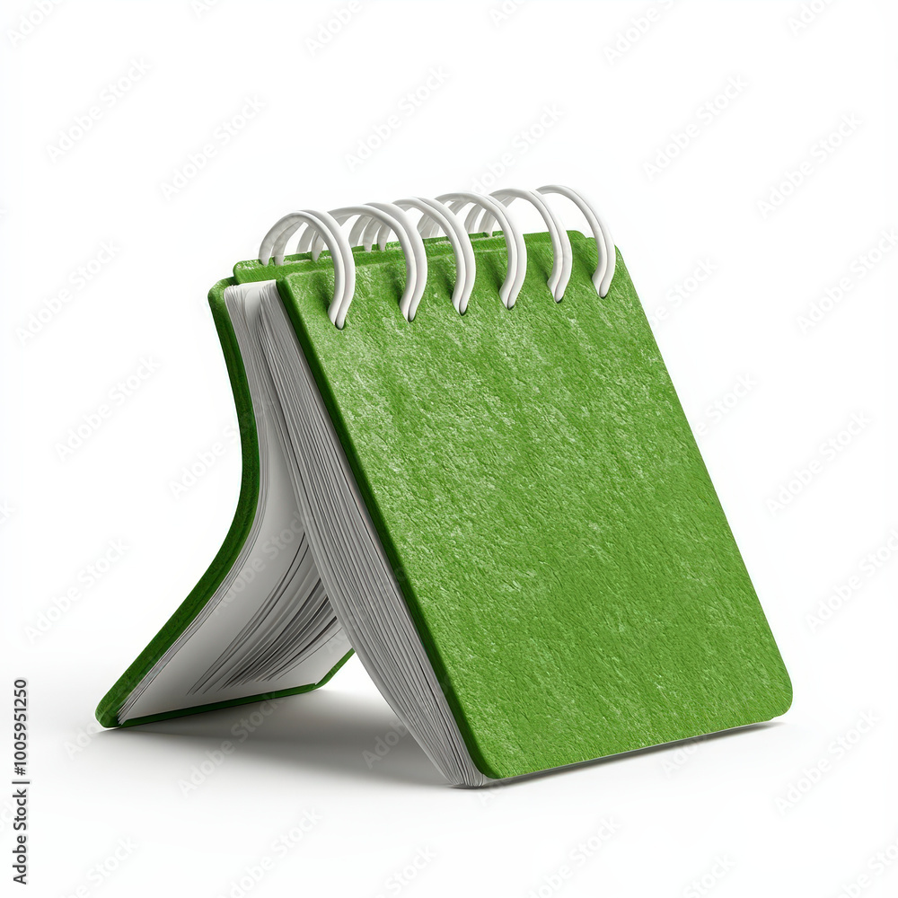 Poster green flip book with spiral binding and blank pages on display
