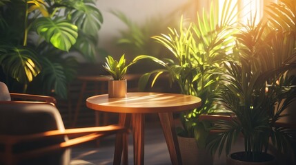 A cozy indoor space filled with lush plants and warm sunlight.