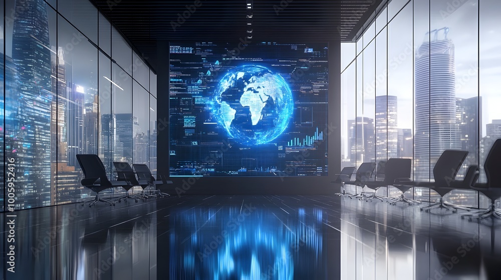 Poster sleek and modern office background with a holographic interface displaying comprehensive global mark