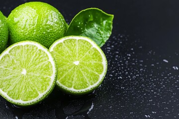 Fresh lime slice with green leaves on a black surface, covered in water droplets, creating a refreshing and vibrant look.
