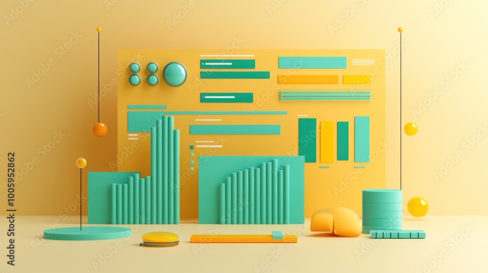 Poster Abstract 3D composition of geometric shapes and graphs in vibrant colors for data visualization.