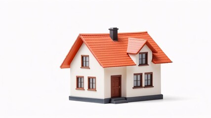 White house with red roof and brown door isolated on white background.