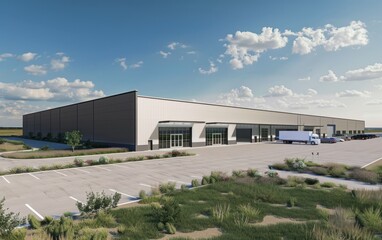 Fototapeta premium Large industrial warehouse with trucks and parking lot under a clear sky. Logistics and supply chain concept.