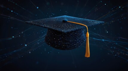 Power to determine your destiny via education is depicted in this abstract digital artwork of an open graduation cap comprised of luminous lines and dots that is floating above a network grid on a dar
