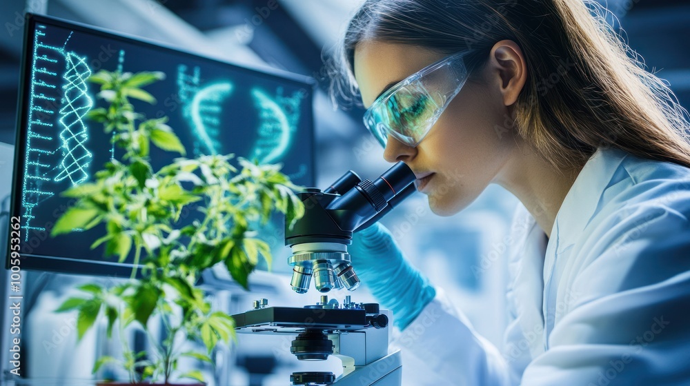 Poster a scientist examines plant samples under a microscope in a lab setting.
