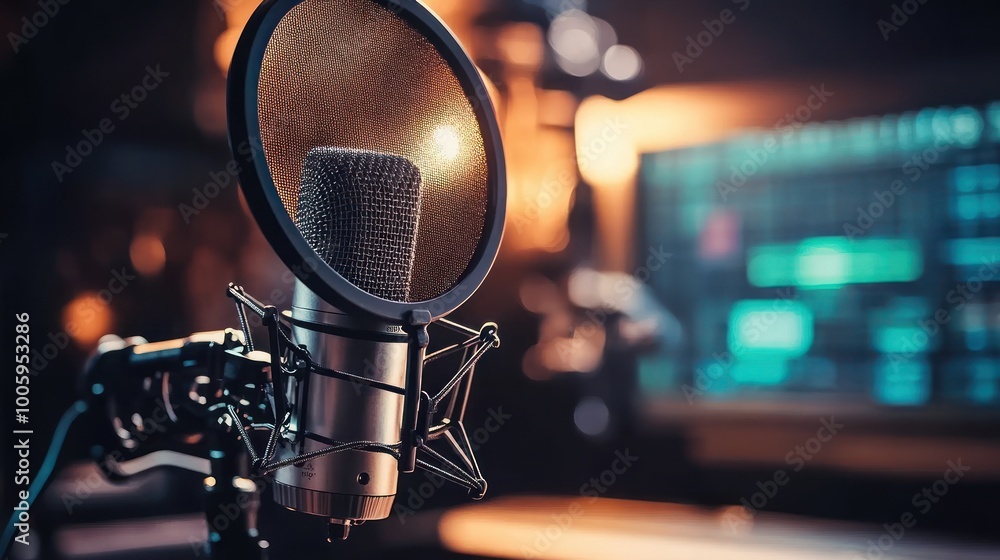 Poster a close-up of a microphone set for recording in a studio environment.