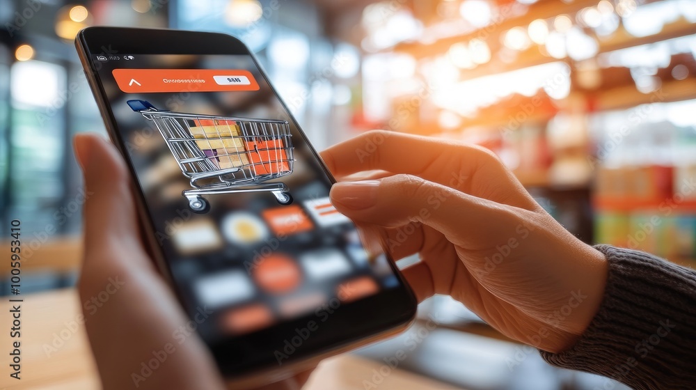 Poster a close-up of a smartphone with an e-commerce app, a person adding items to their cart for online pu