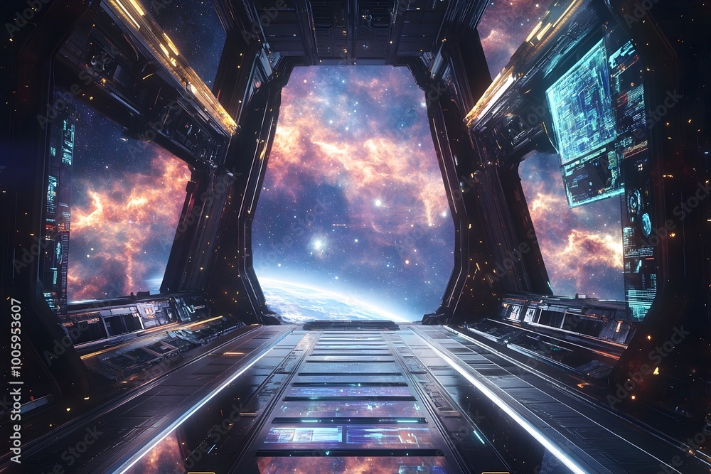 Aufkleber vast and futuristic interstellar space station teeming with cutting edge modular architecture hologr
