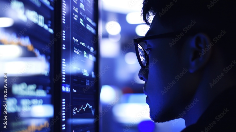 Poster a person analyzing financial data on a digital screen in a tech-focused environment.