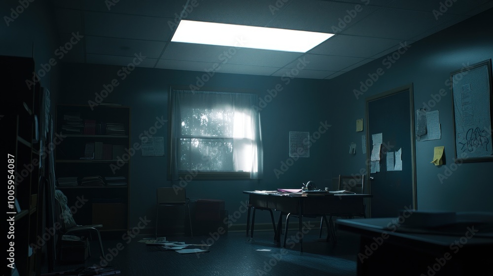 Poster a dimly lit classroom with scattered papers and a single window illuminating the space.