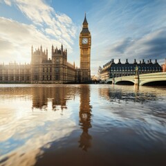 Fototapeta premium Stunning view of Big Ben and the Houses of Parliament reflected in the river, with a dramatic sky enhancing the London's skyline.