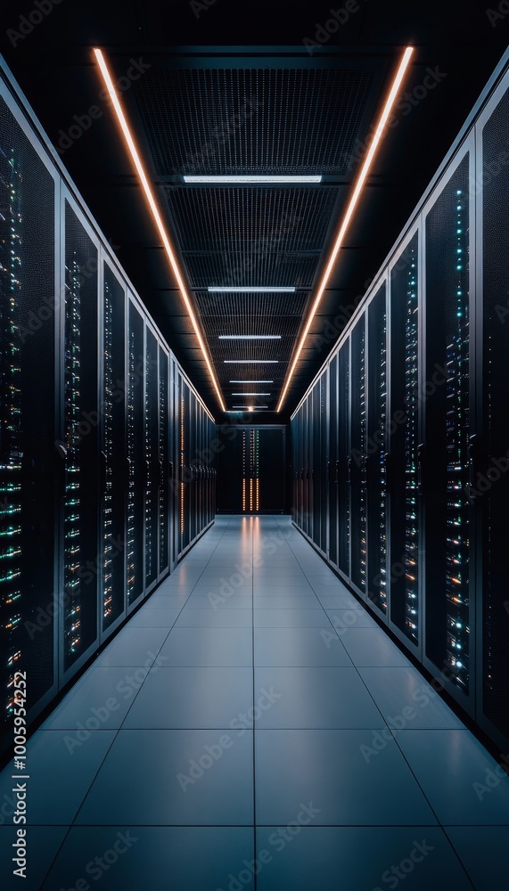 Poster modern data center with rows of server racks, network hardware, and corridor perspective