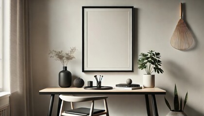 Minimalist workspace with wooden desk, black framed blank poster, potted plants, and decor items in a modern home office setting.