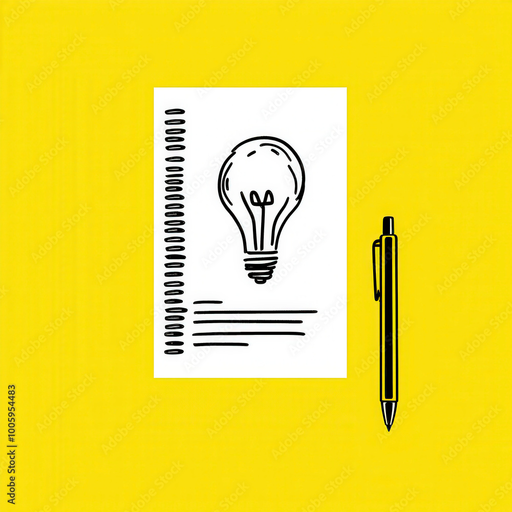 Poster creative ideas and notes on a notepad with a pen on yellow background