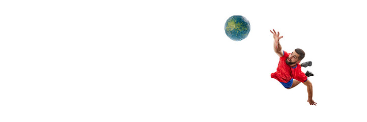 Young focused man, professional handball player in motion during game, catching ball isolated on white background. Concept of sport, active and healthy lifestyle, hobby. Banner. Copy space for ad