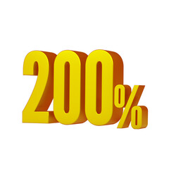 3d illustration of golden number 200 percent or 200% isolated on white background. 3d render.