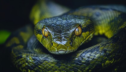 Fototapeta premium Close-up Portrait of a Green Snake Coiled Tightly, Fierce Gaze Emphasized., Wildlife Photography,